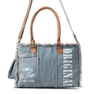 Stylish Blue and Tan Handbag